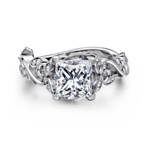 Gabriel & Co. ER15207S6W44JJ 14 karat white gold Floral Nouveau engagement ring, top view of a square center ringed by beaded scrolls and leaf frames of small diamonds
