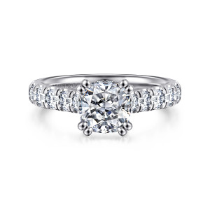 Gabriel & Co. ER15247C6W44JJ 14 karat white gold Classic engagement ring, front view of a cushion center held by paired prongs above a wide diamond band