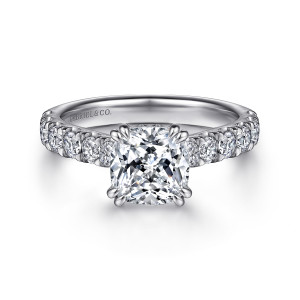 Gabriel & Co. ER15247C8W44JJ 14 karat white gold Classic engagement ring, front view of a cushion center gripped by paired prongs at each corner above round diamonds