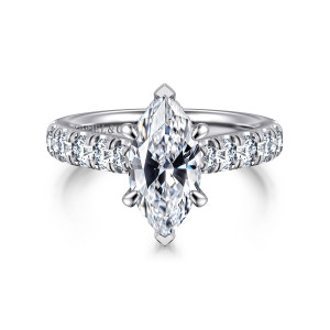 Gabriel & Co. ER15247M6W44JJ 14 karat white gold Classic engagement ring, front view of a marquise center with V tip prongs and round diamonds along the shoulders
