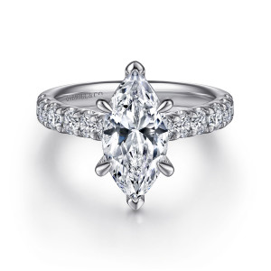 Gabriel & Co. ER15247M8W44JJ 14 karat white gold Classic engagement ring, front view of a marquise center with a prong at each tip and diamonds down both shoulders