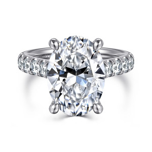 Gabriel & Co. ER15247O20W44JJ 14 karat white gold Classic engagement ring, front view of an oval center in four rounded prongs with round diamonds along the shoulders