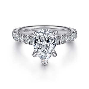 Gabriel & Co. ER15247P8W44JJ 14 karat white gold Classic engagement ring, front view of a pear center with rounded tip prongs and large round diamonds on the shoulders