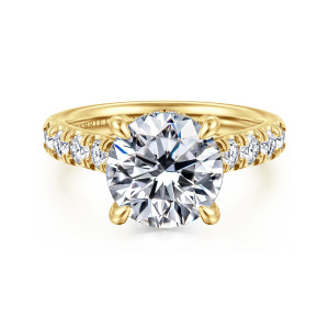 Gabriel & Co. ER15247R12Y44JJ 14 karat yellow gold Classic engagement ring, front view of a round center in four rounded prongs with diamonds lining both shoulders