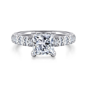 Gabriel & Co. ER15247S6W44JJ 14 karat white gold Classic engagement ring, front view of a princess cut center in corner prongs above a band lined with round diamonds