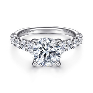 Gabriel & Co. ER15344R8W44JJ 14 karat white gold Classic engagement ring, front view of a round center on claw prongs with round diamonds running along both shoulders