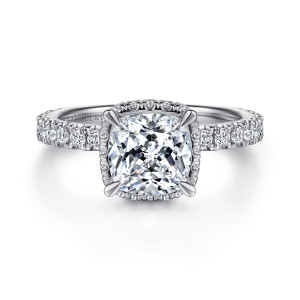 Gabriel & Co. ER15352C8W44JJ 14 karat white gold Classic engagement ring, front view of a cushion cut center with a thin beaded edge of stones beneath its claws