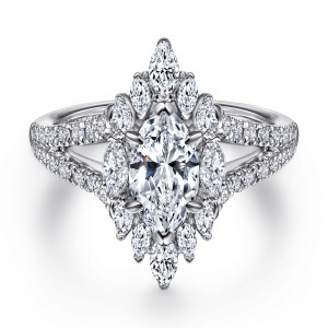 Gabriel & Co. ER15395M4W44JJ 14 karat white gold Starlight engagement ring, front view of a marquise center ringed by long pointed stones above a split diamond shank