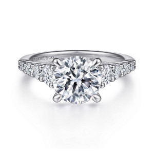 Gabriel & Co. ER15490R8W44JJ 14 karat white gold Classic engagement ring, front view of a round center in four prongs above bead separated diamond shoulders