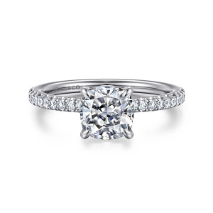 Gabriel & Co. ER15525C6VW44JJ 14 karat white gold Classic engagement ring, front view of a cushion center on slender claws with diamonds along both shoulders