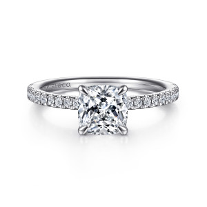 Gabriel & Co. ER15525C6W44JJ 14 karat white gold Classic engagement ring, front view of a cushion cut center with small round diamonds along both shoulders