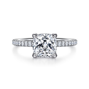 Gabriel & Co. ER15525C8W44JJ 14 karat white gold Classic engagement ring, front view of a cushion cut center in four teardrop tipped prongs with diamonds along both shoulders
