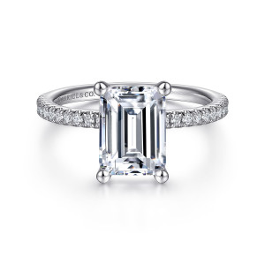 Gabriel & Co. ER15525E12W44JJ 14 karat white gold Classic engagement ring, front view of an emerald cut center with four ball tipped prongs and diamonds along the band