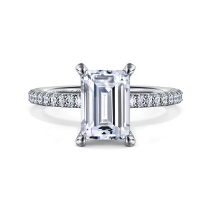 Gabriel & Co. ER15525E8W44JJ 14 karat white gold Classic engagement ring, front view of an emerald cut center at four corner prongs above a slim diamond band