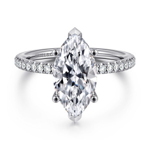 Gabriel & Co. ER15525M12W44JJ 14 karat white gold Classic engagement ring, front view of a marquise center with V shaped tips at both points and ball prongs