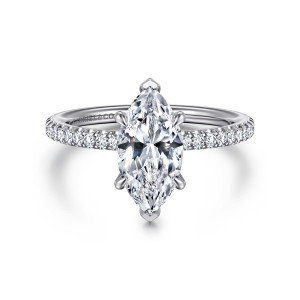 Gabriel & Co. ER15525M6W44JJ 14 karat white gold Classic engagement ring, front view of a marquise center with pointed end prongs between stone lined shoulders