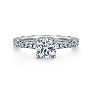 Gabriel & Co. ER15525R3W44JJ 14 karat white gold Classic engagement ring, front view of a round center with blunt tipped claws and small stones flanking the head