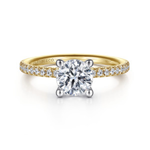 Gabriel & Co. ER15525R4M44JJ 14 karat white and yellow gold Classic engagement ring, front view of a round center with four ball tipped prongs and small diamonds at both shoulders