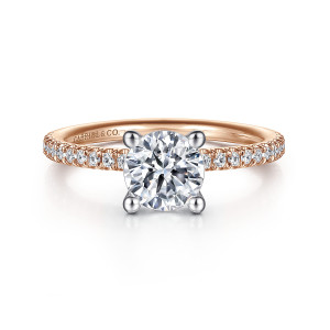 Gabriel & Co. ER15525R4T44JJ 14 karat white and rose gold Classic engagement ring, front view of a round center between four ball tipped prongs, with diamonds on a warmer band