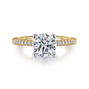 Gabriel & Co. ER15525R6M44JJ 14 karat white and yellow gold Classic engagement ring, front view of the round seat with rounded prong tips against a warmer toned band