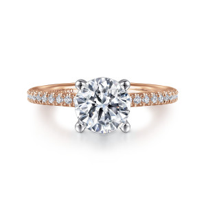Gabriel & Co. ER15525R6T44JJ 14 karat white and rose gold Classic engagement ring, front view of a round center with rounded prongs in the cooler tone against the warmer band