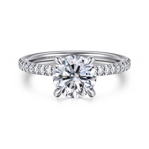 Gabriel & Co. ER15525R6VW44JJ 14 karat white gold Classic engagement ring, front view of a round center with rounded prong tips between two runs of small diamonds