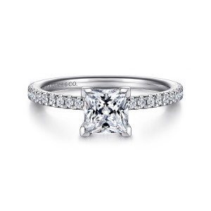 Gabriel & Co. ER15525S4W44JJ 14 karat white gold Classic engagement ring, front view of a princess cut center in flat faced corner prongs above scalloped stones