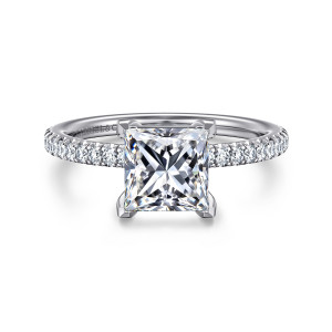 Gabriel & Co. ER15525S6W44JJ 14 karat white gold Classic engagement ring, front view of a princess cut center framed by four V shaped corner prongs and a diamond band