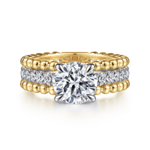 Gabriel & Co. ER15532R6M44JJ 14 karat white and yellow gold Bujukan engagement ring, front view of a round center above a diamond row edged by beaded rails