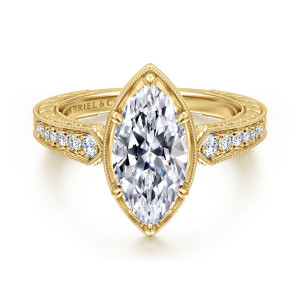 Gabriel & Co. ER15587M8Y44JJ 14 karat yellow gold Victorian engagement ring, front view of a marquise shaped center in a pointed milgrain frame above paneled rows of round stones