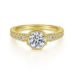 Gabriel & Co. ER15587R4Y44JJ 14 karat yellow gold Victorian engagement ring, front view of a round center in an octagonal milgrain head with a prong at each corner