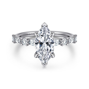 Gabriel & Co. ER15607M6W44JJ 14 karat white gold Contemporary engagement ring, front view of a marquise center with pointed tip prongs at both ends and stones along the shoulders