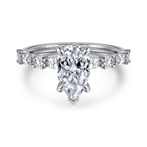 Gabriel & Co. ER15607P6W44JJ 14 karat white gold Contemporary engagement ring, front view of a pear shaped center flanked by round and elongated diamonds on the shoulders