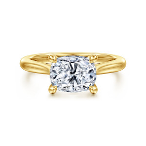 Gabriel & Co. ER15618G8Y4JJJ 14 karat yellow gold Classic engagement ring, front view of a sideways cushion cut center with a prong at each corner on a plain band