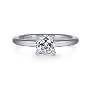Gabriel & Co. ER15619C4W4JJJ 14 karat white gold Classic engagement ring, front view of a cushion center held by four claw prongs on a smooth band