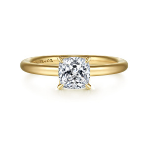 Gabriel & Co. ER15619C4Y4JJJ 14 karat yellow gold Classic engagement ring, front view of a cushion center held by slender prongs on a smooth rounded band