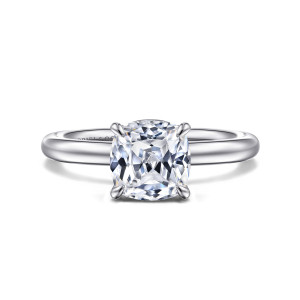 Gabriel & Co. ER15619C8W4JJJ 14 karat white gold Classic engagement ring, front view of a cushion cut center above a smooth rounded band with no stones