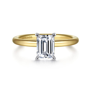 Gabriel & Co. ER15619E4M4JJJ 14 karat white and yellow gold Classic engagement ring, front view of an emerald cut center in four tapered prongs on a smooth band