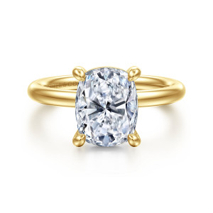 Gabriel & Co. ER15619G12Y4JJJ 14 karat yellow gold Classic engagement ring, front view of an elongated cushion center held by four rounded prongs
