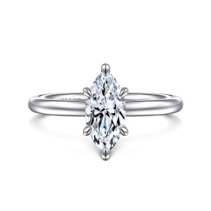 Gabriel & Co. ER15619M4W4JJJ 14 karat white gold Classic engagement ring, front view of a marquise center held by six prongs with rounded teardrop tips