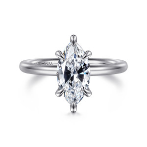 Gabriel & Co. ER15619M6W4JJJ 14 karat white gold Classic engagement ring, front view of a marquise shaped center held by slim prongs, with a plain polished band