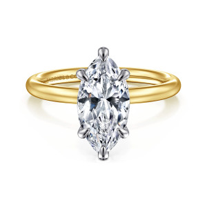 Gabriel & Co. ER15619M8M4JJJ 14 karat white and yellow gold Classic engagement ring, front view of a marquise center held by prongs with rounded tips on a plain band