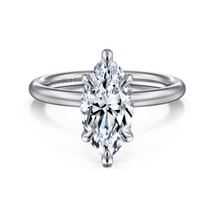 Gabriel & Co. ER15619M8W4JJJ 14 karat white gold Classic engagement ring, front view of a marquise center with prongs ending in rounded teardrop tips