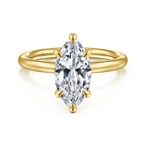 Gabriel & Co. ER15619M8Y4JJJ 14 karat yellow gold Classic engagement ring, front view of a marquise center held by slender teardrop tipped prongs