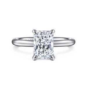 Gabriel & Co. ER15619N8W4JJJ 14 karat white gold Classic engagement ring, front view of a rectangular center held by four rounded tip prongs on a smooth plain band