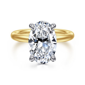 Gabriel & Co. ER15619O16M4JJJ 14 karat white and yellow gold Classic engagement ring, front view of an oval center in four prongs above a plain rounded band