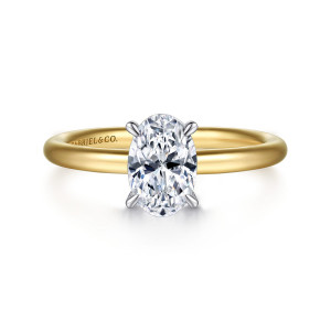 Gabriel & Co. ER15619O4M4JJJ 14 karat white and yellow gold Classic engagement ring, front view of an oval center held by four slender claw prongs on a plain smooth band