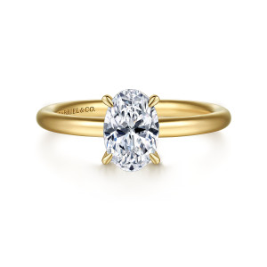 Gabriel & Co. ER15619O4Y4JJJ 14 karat yellow gold Classic engagement ring, front view of an oval center held by four slender prongs on a smooth rounded band