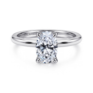 Gabriel & Co. ER15619O6VW4JJJ 14 karat white gold Classic engagement ring, front view of an oval center between rounded prong tips above a smooth plain band
