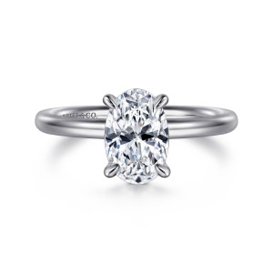 Gabriel & Co. ER15619O6W4JJJ 14 karat white gold Classic engagement ring, front view of an oval center held by slender claw prongs above a smooth rounded band